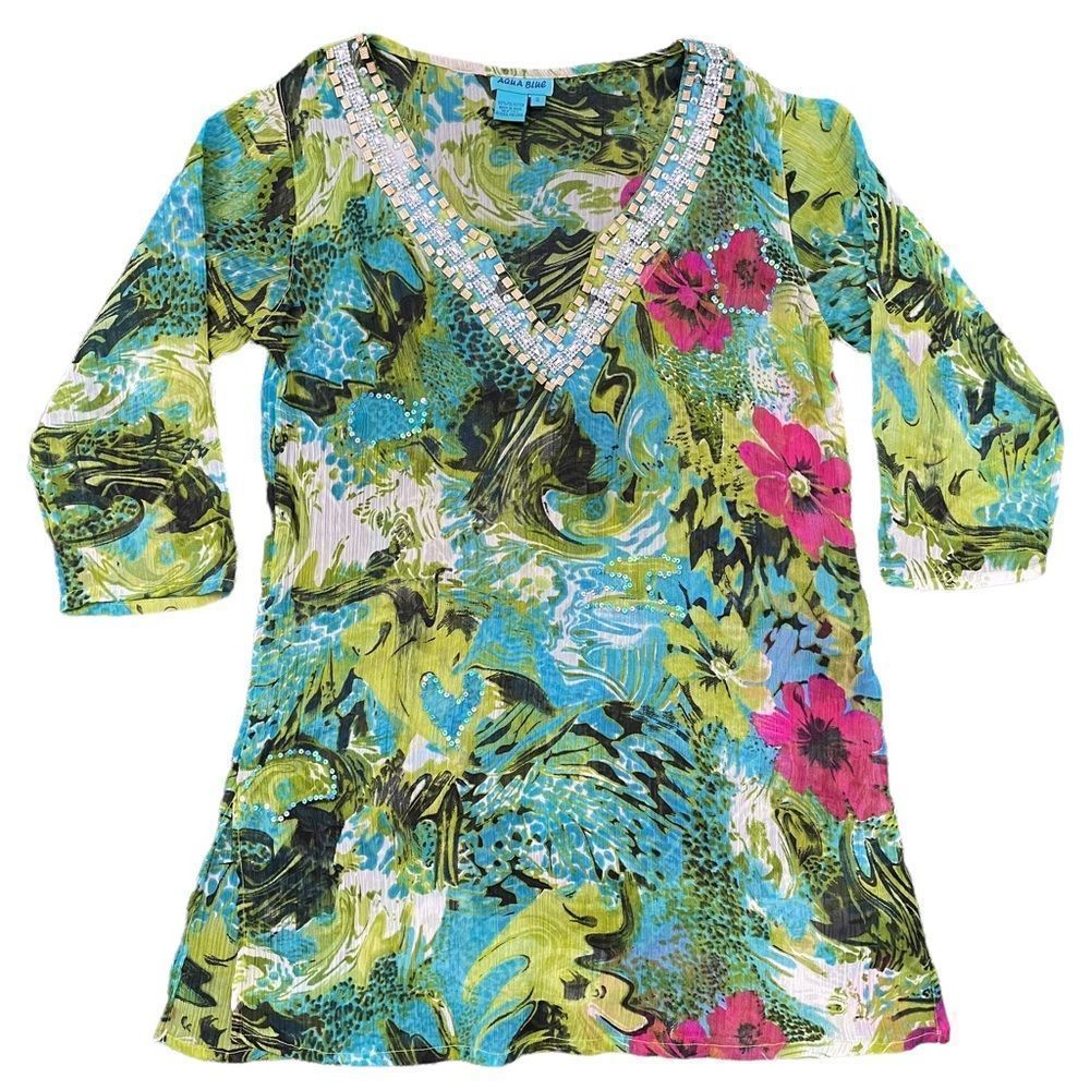 Aqua Blue Embellished Multi-color Floral Tropical Print Beach Swim Pool Coverup